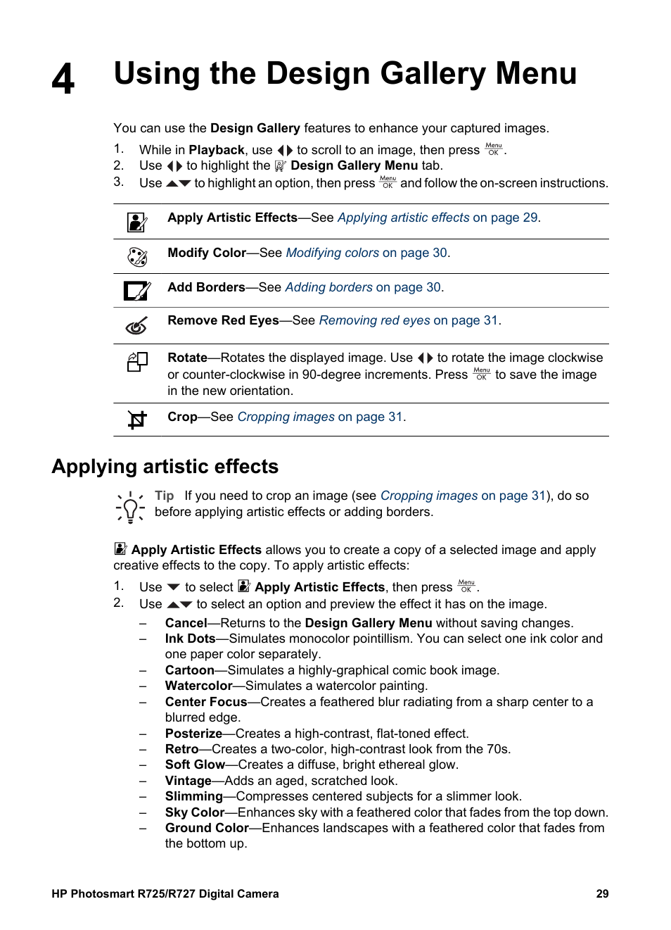 Using the design gallery menu, Applying artistic effects | HP R725 User Manual | Page 29 / 56