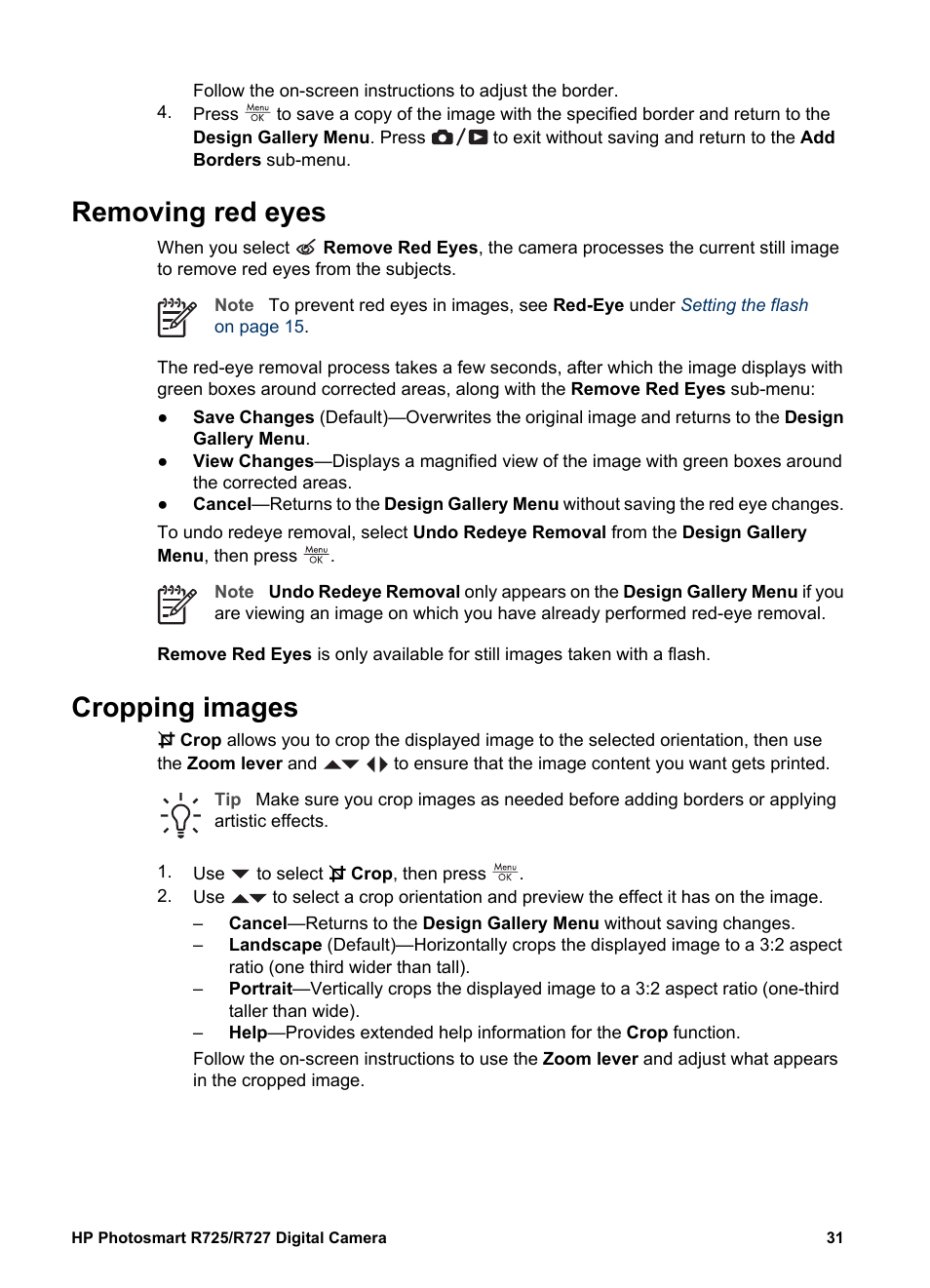 Removing red eyes, Cropping images, Removing red eyes cropping images | HP R725 User Manual | Page 31 / 56
