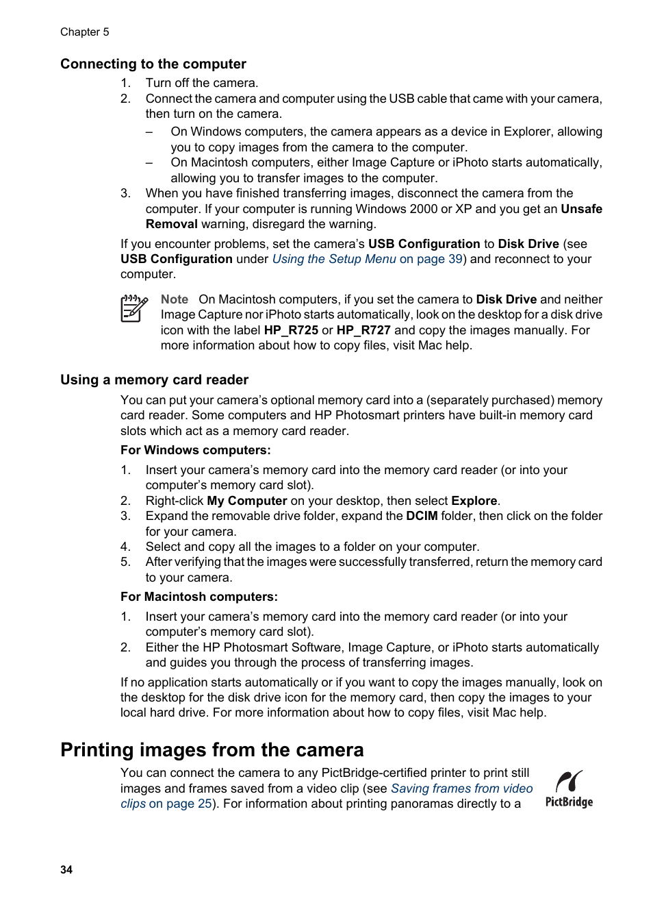 Connecting to the computer, Using a memory card reader, Printing images from the camera | HP R725 User Manual | Page 34 / 56