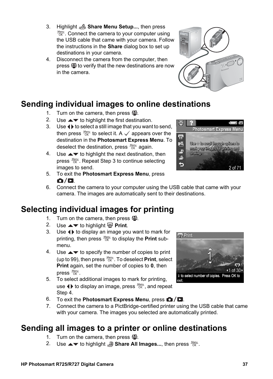 Sending individual images to online destinations, Selecting individual images for printing, Selecting individual images | Automatically (see, Sending individual, Sending all images to a printer or, Sending all images to a printer or online | HP R725 User Manual | Page 37 / 56