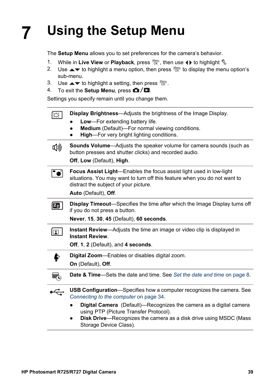 Using the setup menu, Se (see | HP R725 User Manual | Page 39 / 56
