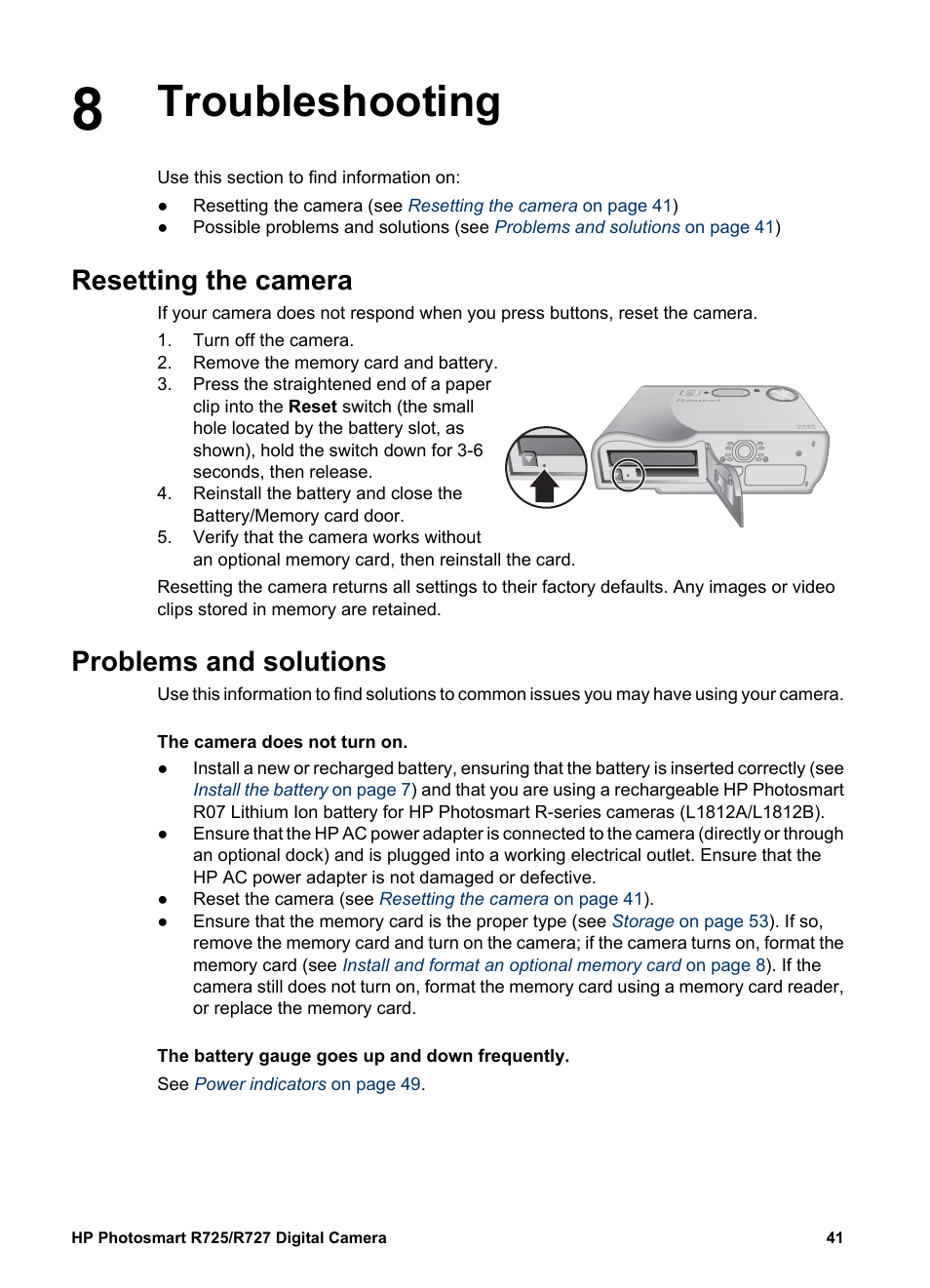 Troubleshooting, Resetting the camera, Problems and solutions | S in | HP R725 User Manual | Page 41 / 56