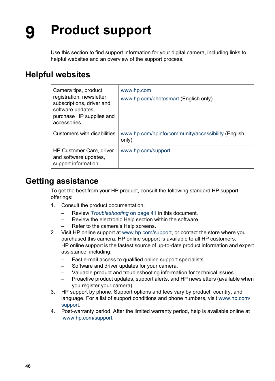 Product support, Helpful websites, Getting assistance | HP R725 User Manual | Page 46 / 56