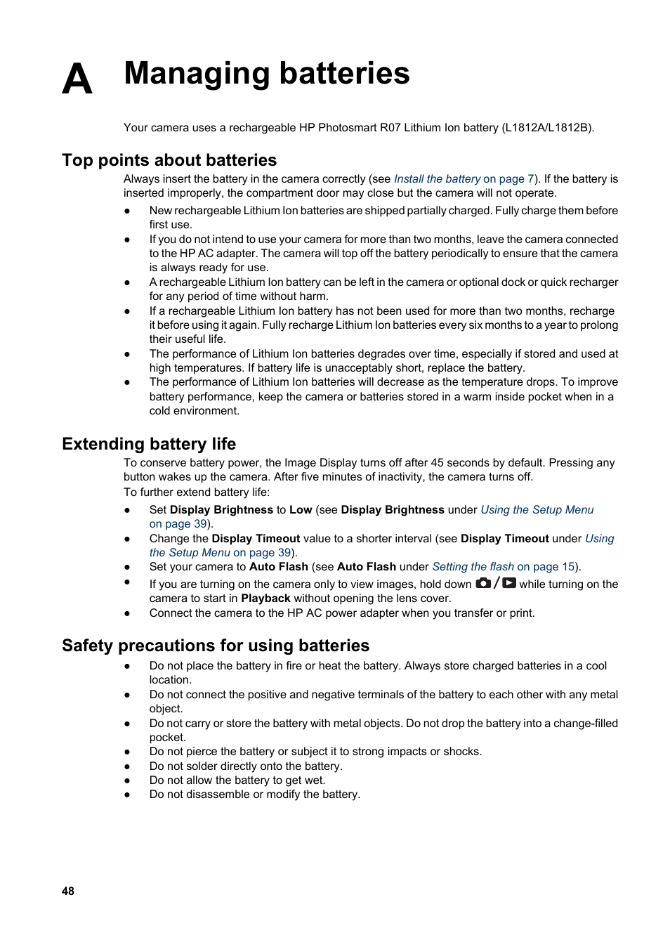 Managing batteries, Top points about batteries, Extending battery life | Safety precautions for using batteries | HP R725 User Manual | Page 48 / 56