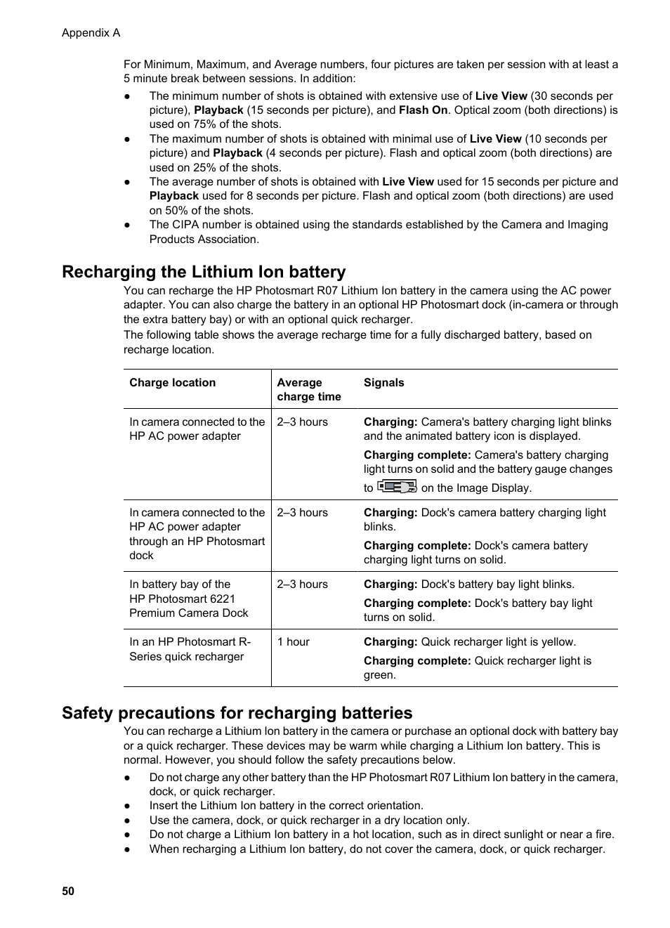 Recharging the lithium ion battery, Safety precautions for recharging batteries | HP R725 User Manual | Page 50 / 56
