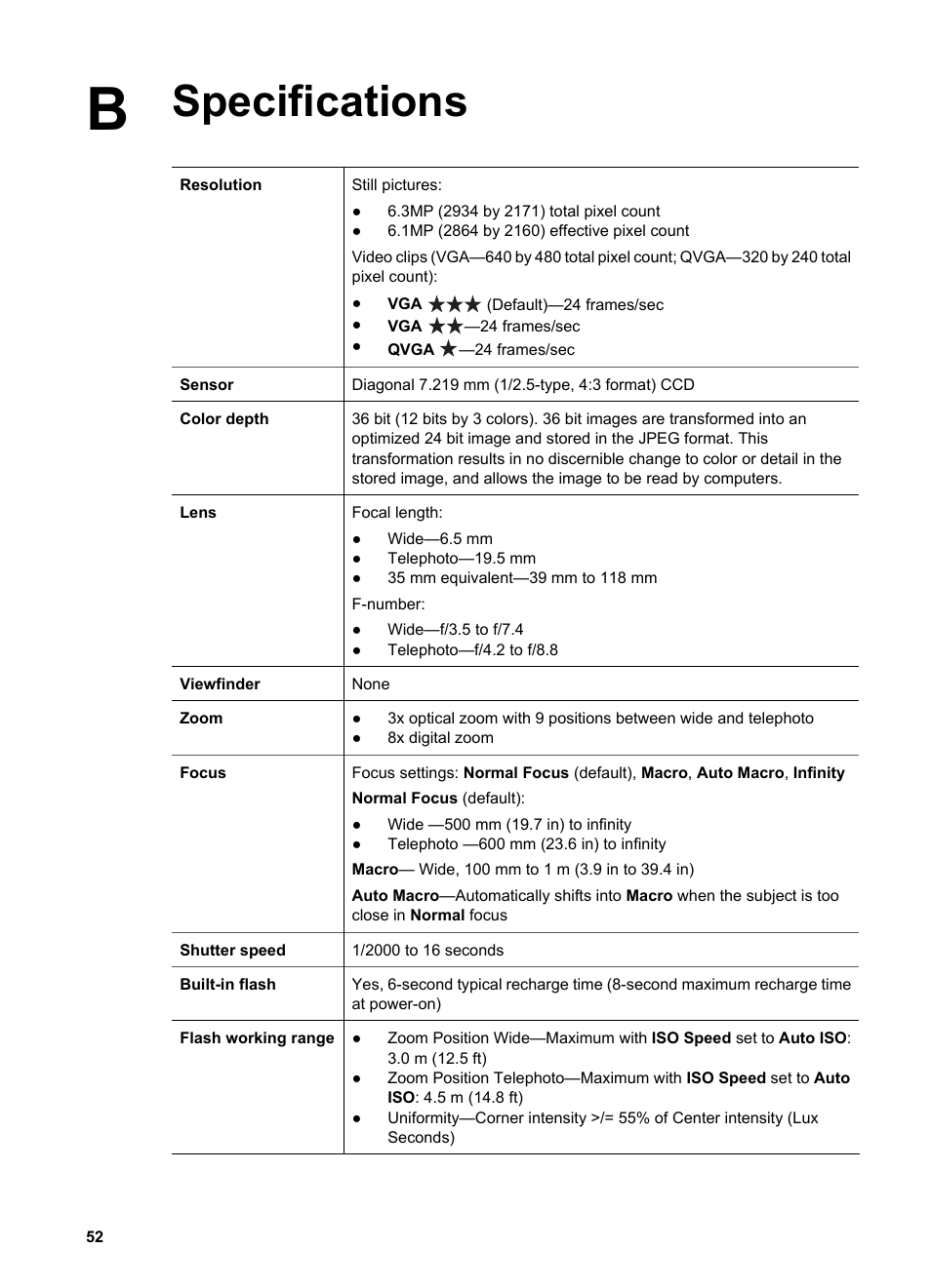 Specifications | HP R725 User Manual | Page 52 / 56