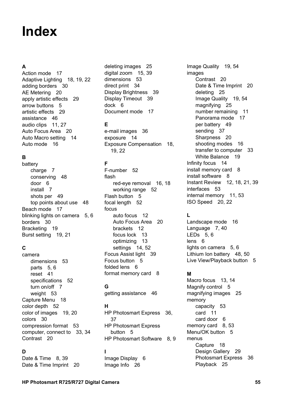 Index | HP R725 User Manual | Page 55 / 56