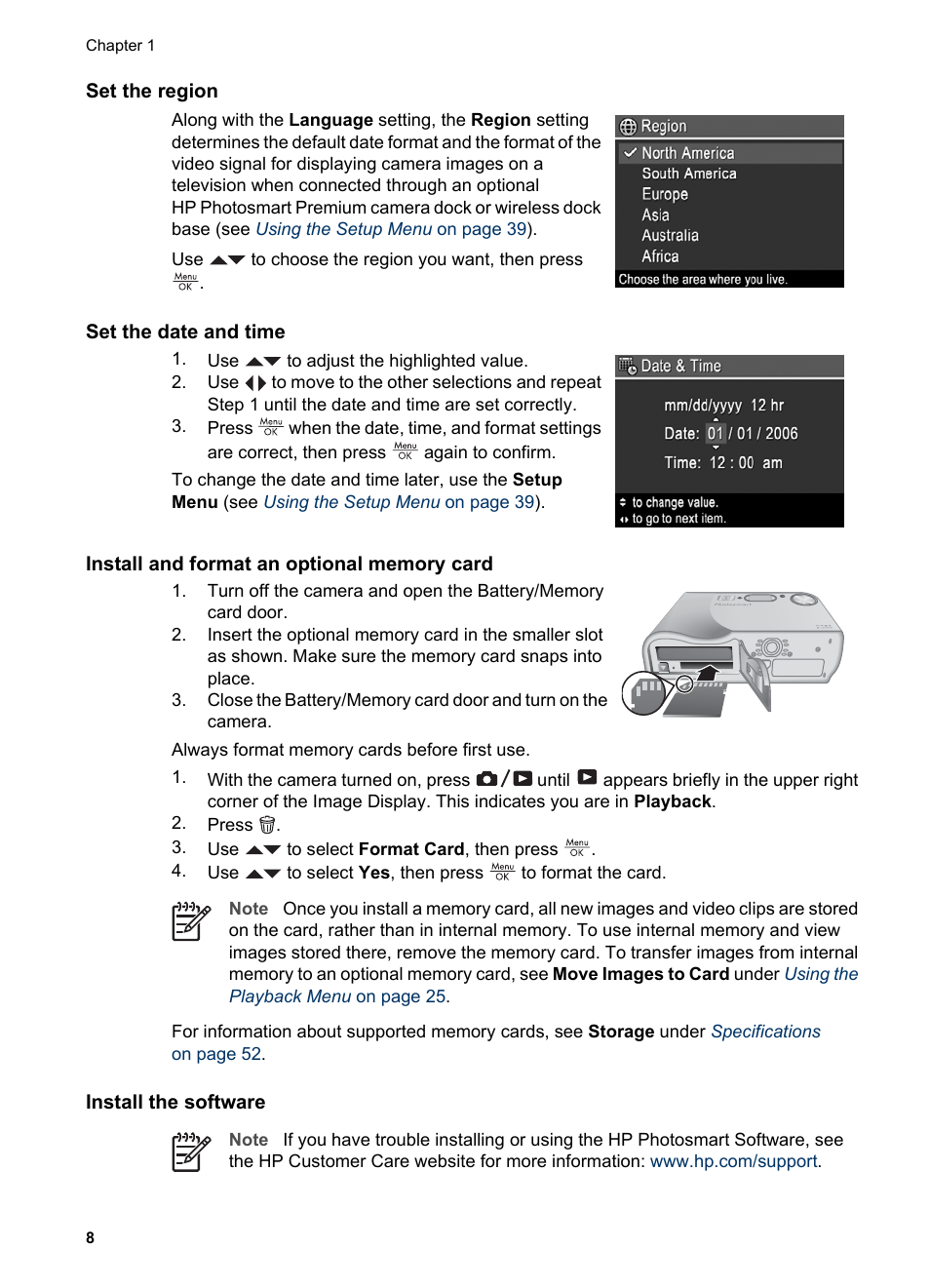 Set the region, Set the date and time, Install and format an optional memory card | Install the software, Windows | HP R725 User Manual | Page 8 / 56