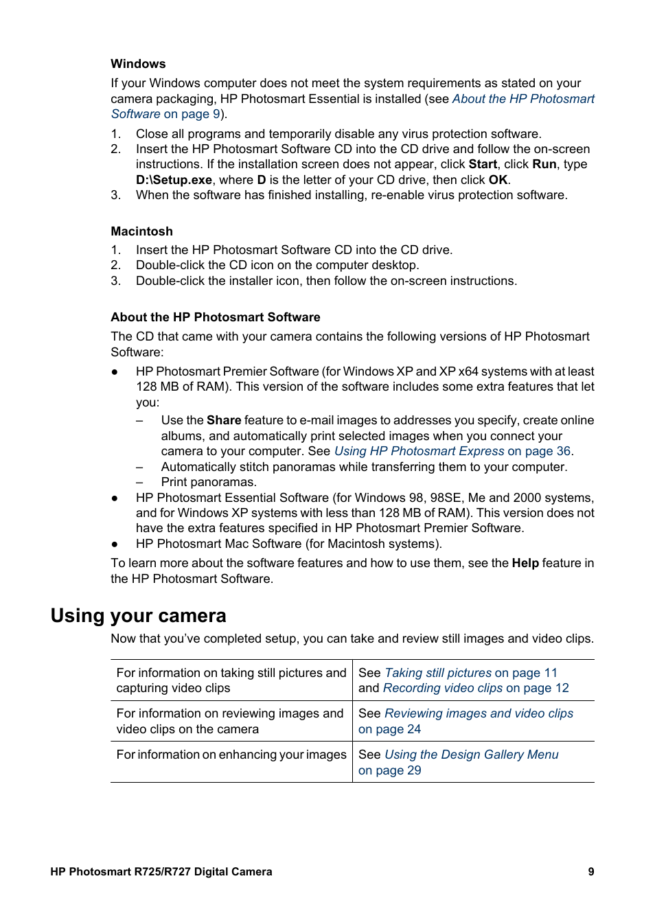 Macintosh, About the hp photosmart software, Using your camera | HP R725 User Manual | Page 9 / 56