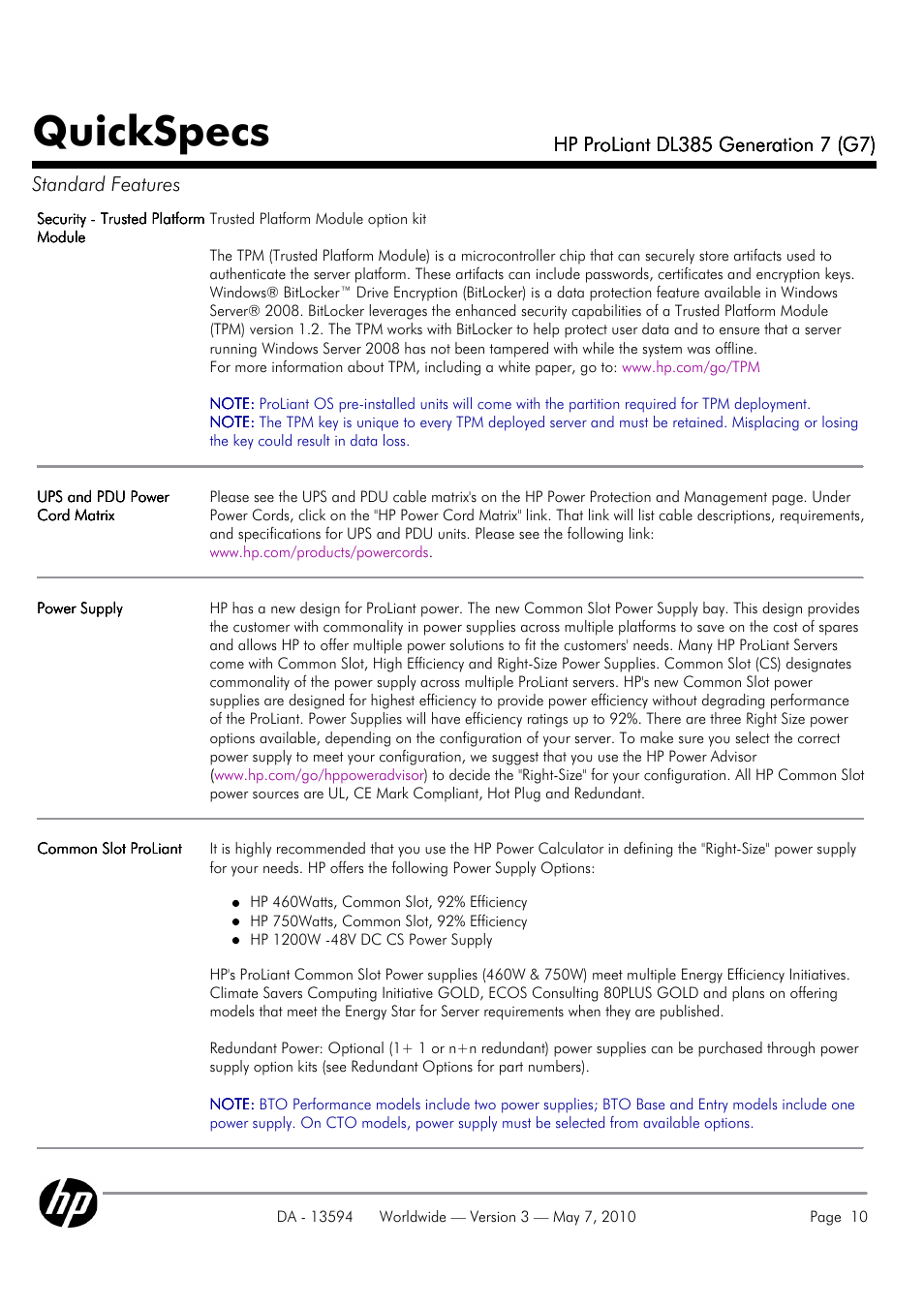 Quickspecs | HP ProLiant DL385 User Manual | Page 10 / 47