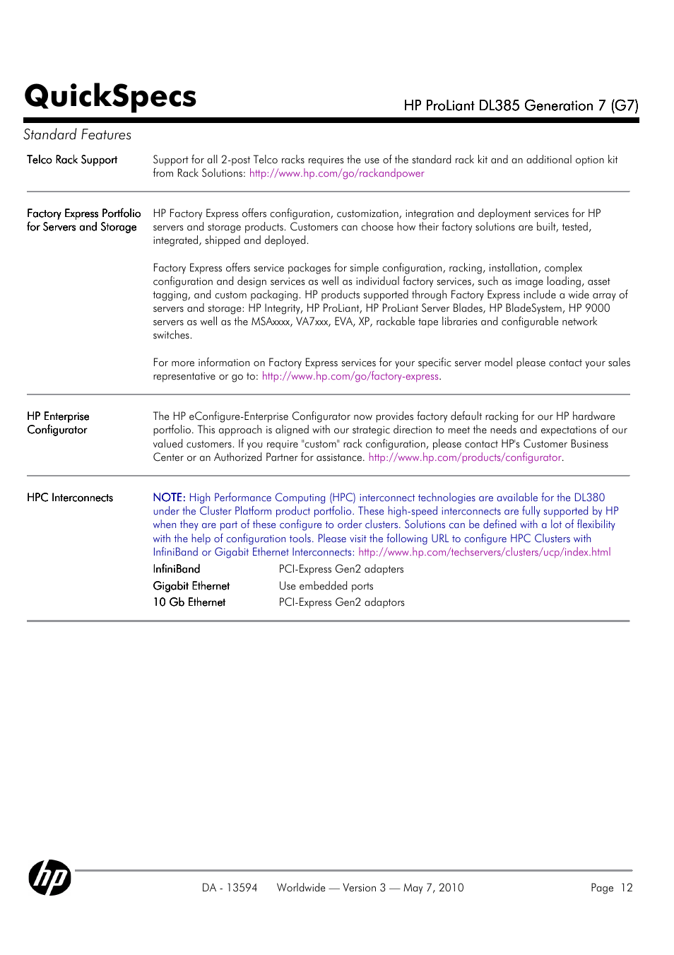 Quickspecs | HP ProLiant DL385 User Manual | Page 12 / 47