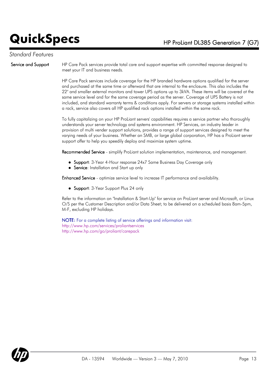 Quickspecs | HP ProLiant DL385 User Manual | Page 13 / 47
