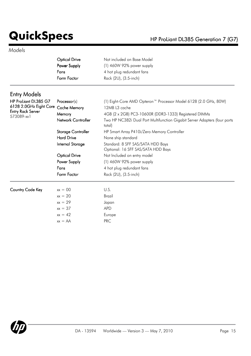 Quickspecs, Entry models | HP ProLiant DL385 User Manual | Page 15 / 47
