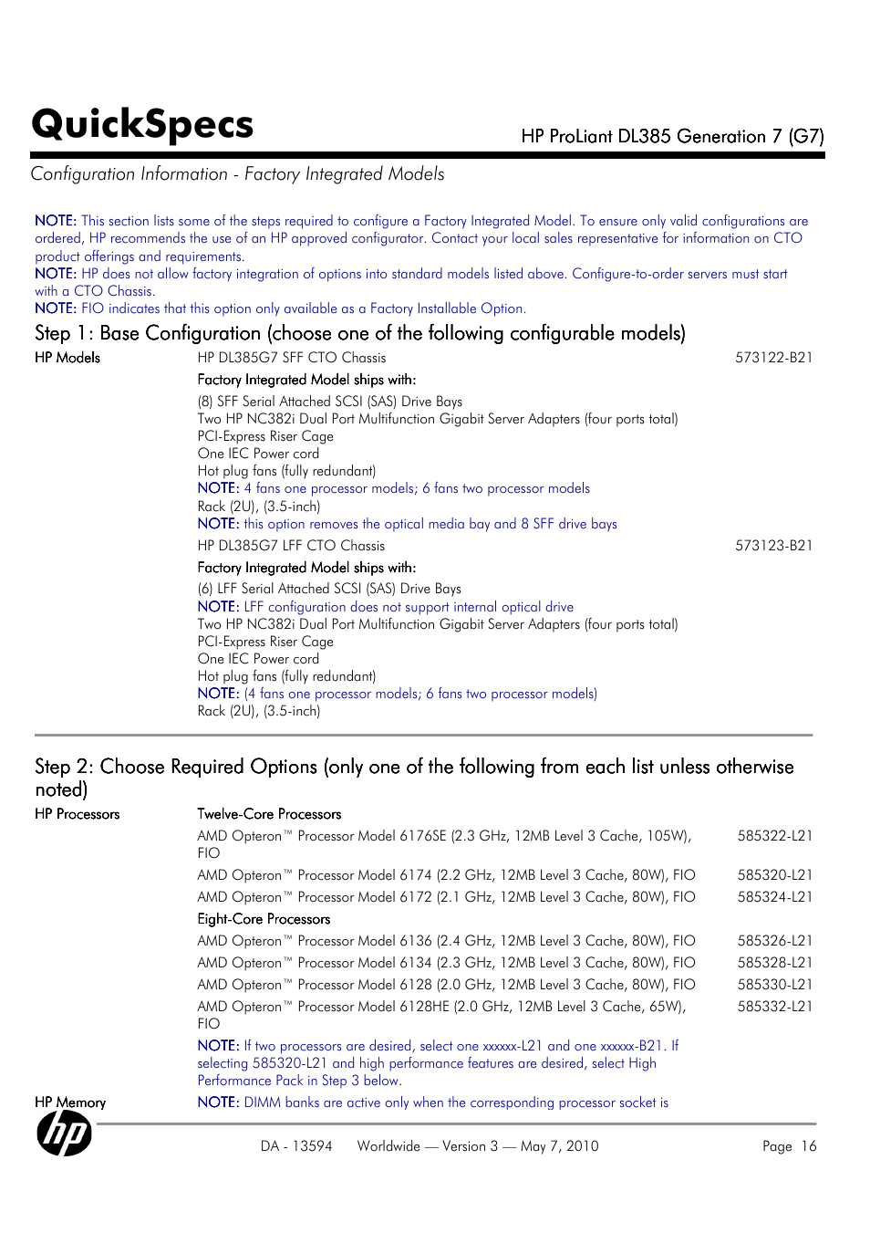 Quickspecs | HP ProLiant DL385 User Manual | Page 16 / 47