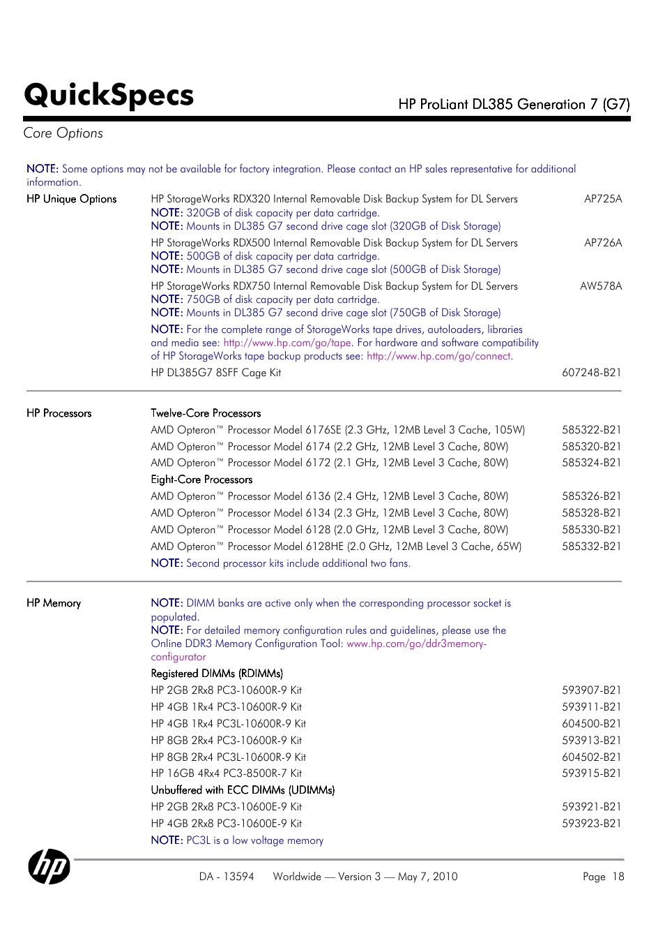 Quickspecs | HP ProLiant DL385 User Manual | Page 18 / 47