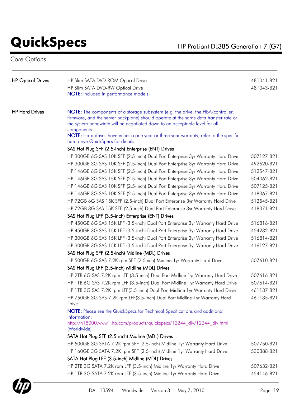 Quickspecs | HP ProLiant DL385 User Manual | Page 19 / 47