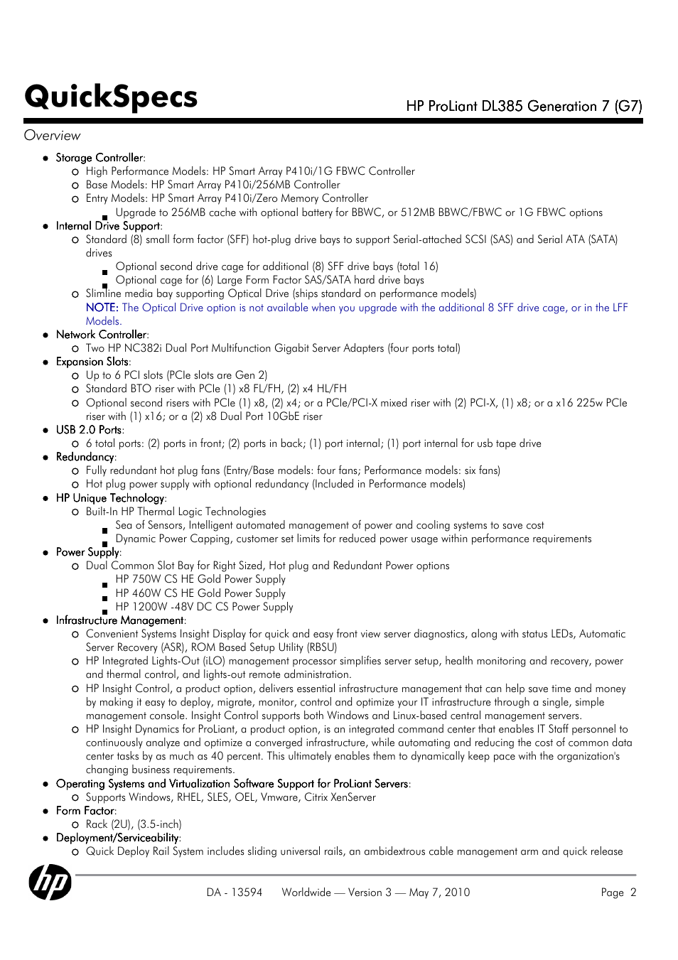 Quickspecs | HP ProLiant DL385 User Manual | Page 2 / 47