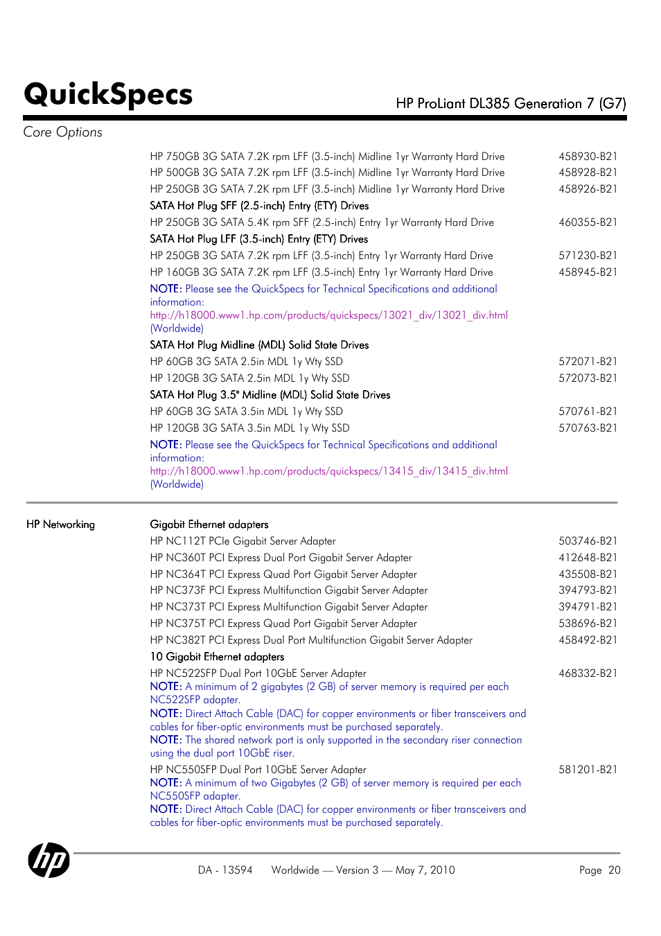 Quickspecs | HP ProLiant DL385 User Manual | Page 20 / 47