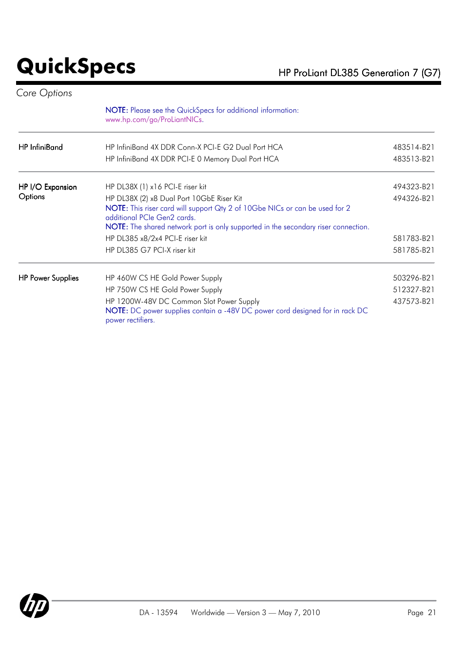Quickspecs | HP ProLiant DL385 User Manual | Page 21 / 47
