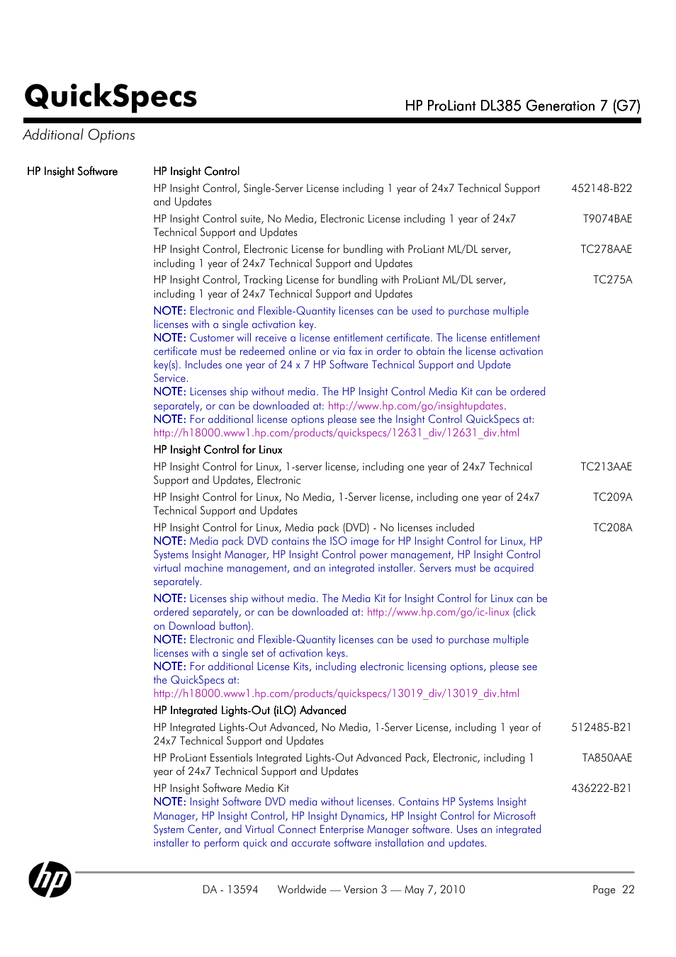 Quickspecs | HP ProLiant DL385 User Manual | Page 22 / 47