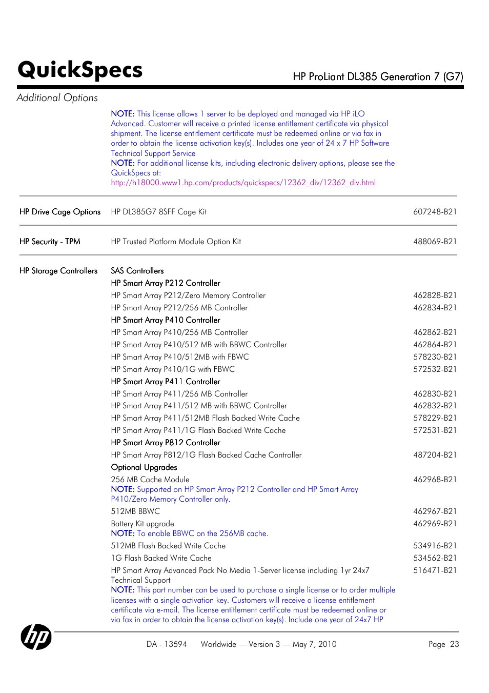Quickspecs | HP ProLiant DL385 User Manual | Page 23 / 47