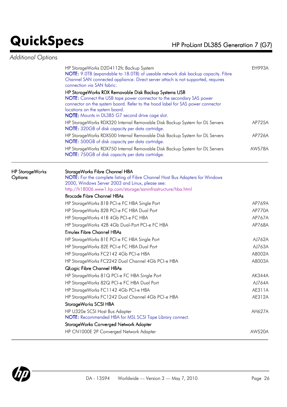 Quickspecs | HP ProLiant DL385 User Manual | Page 26 / 47
