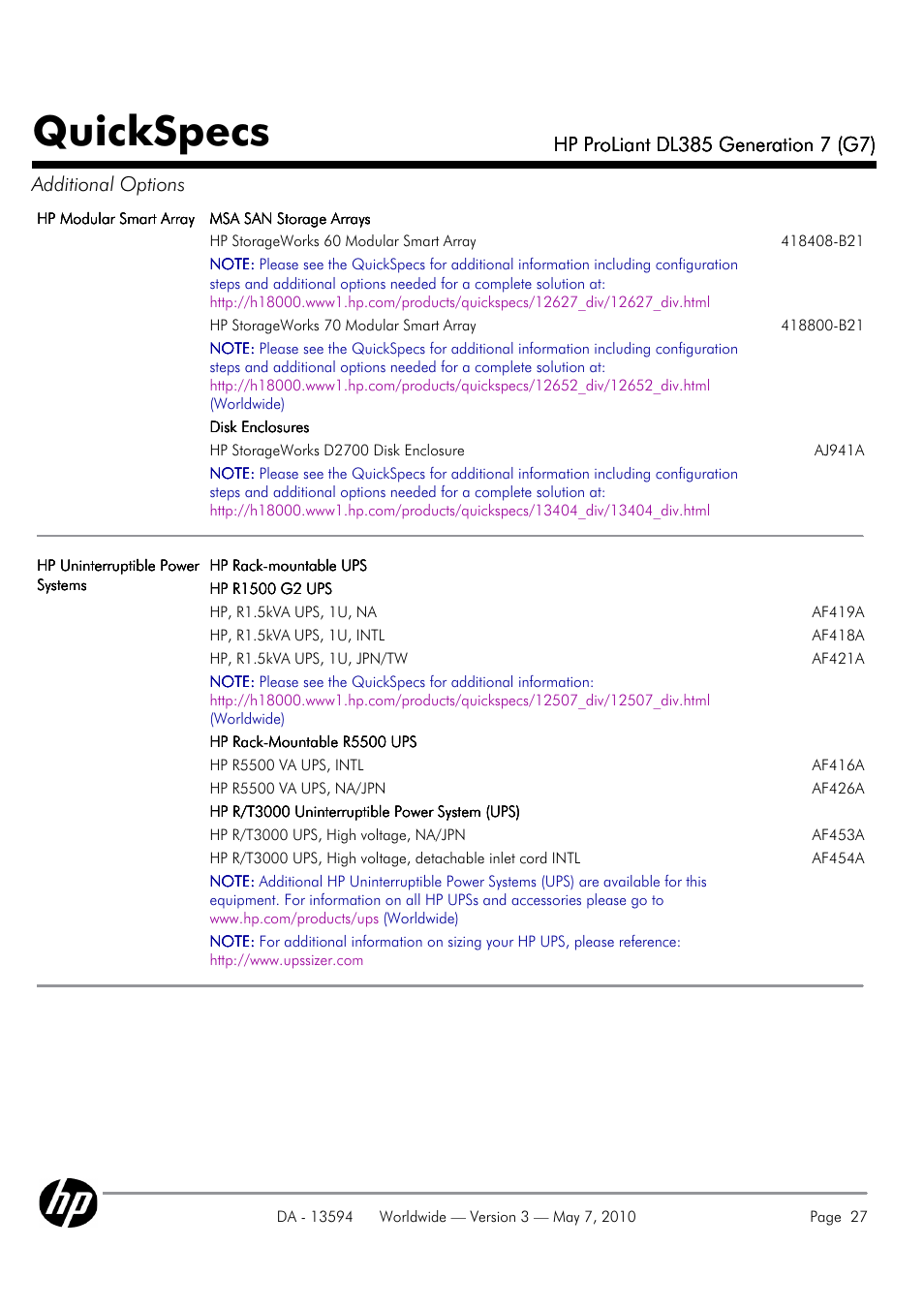 Quickspecs | HP ProLiant DL385 User Manual | Page 27 / 47