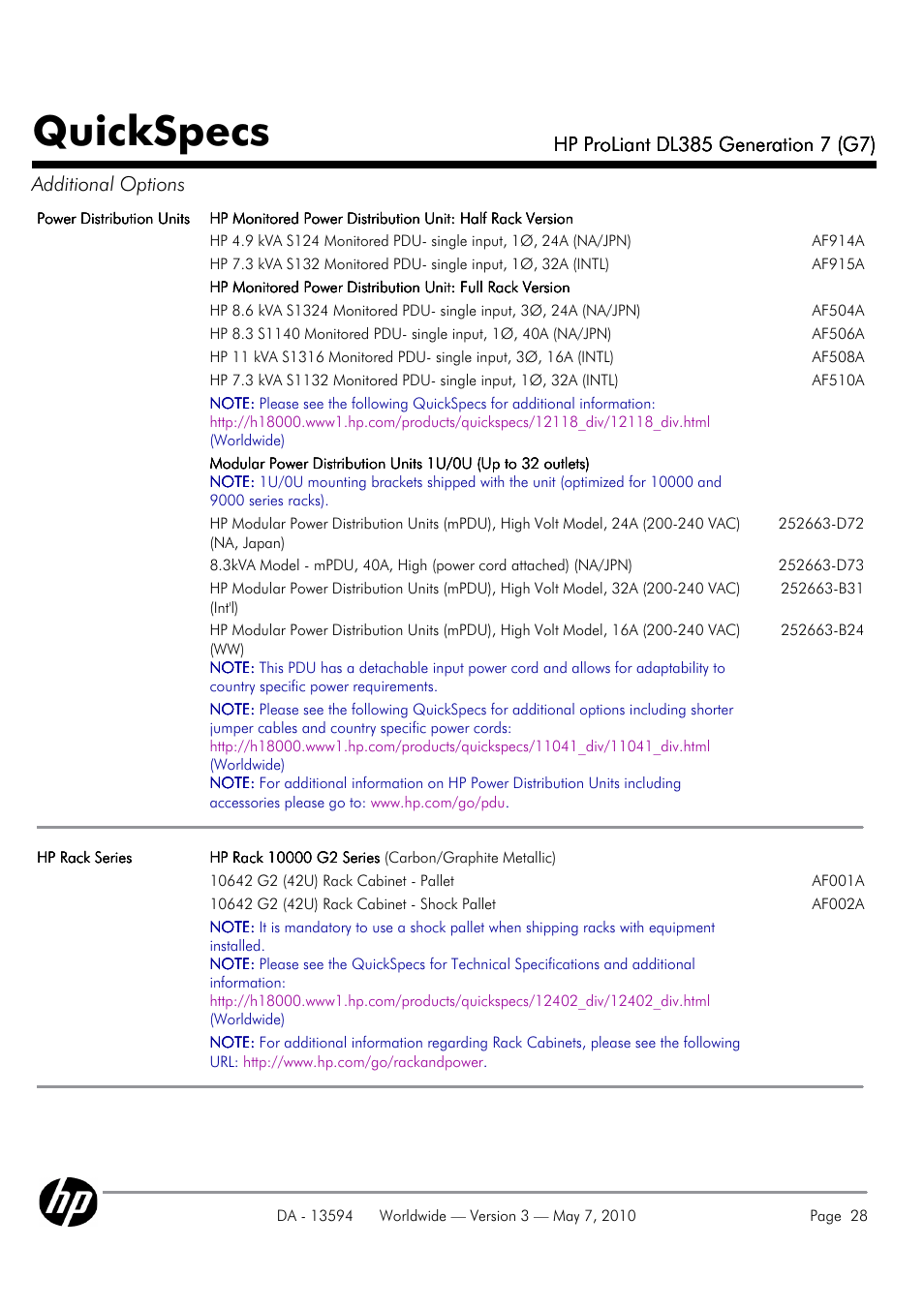 Quickspecs | HP ProLiant DL385 User Manual | Page 28 / 47