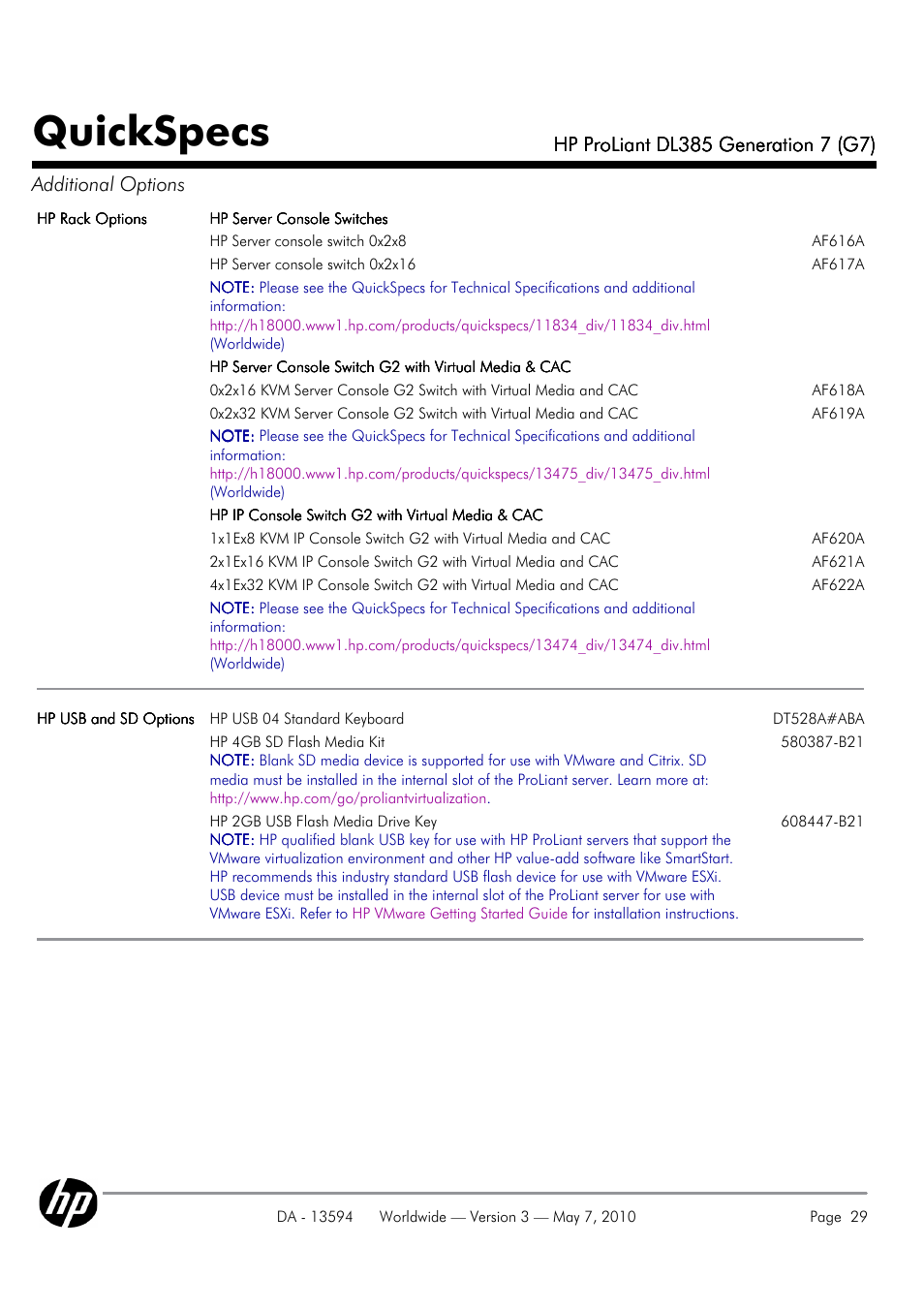 Quickspecs | HP ProLiant DL385 User Manual | Page 29 / 47