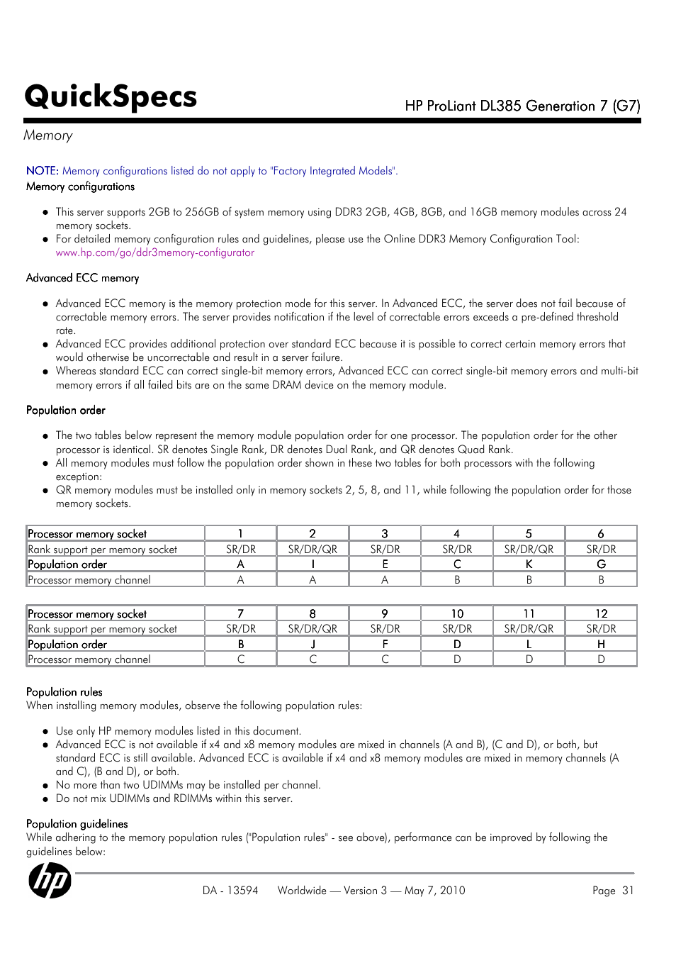 Quickspecs | HP ProLiant DL385 User Manual | Page 31 / 47