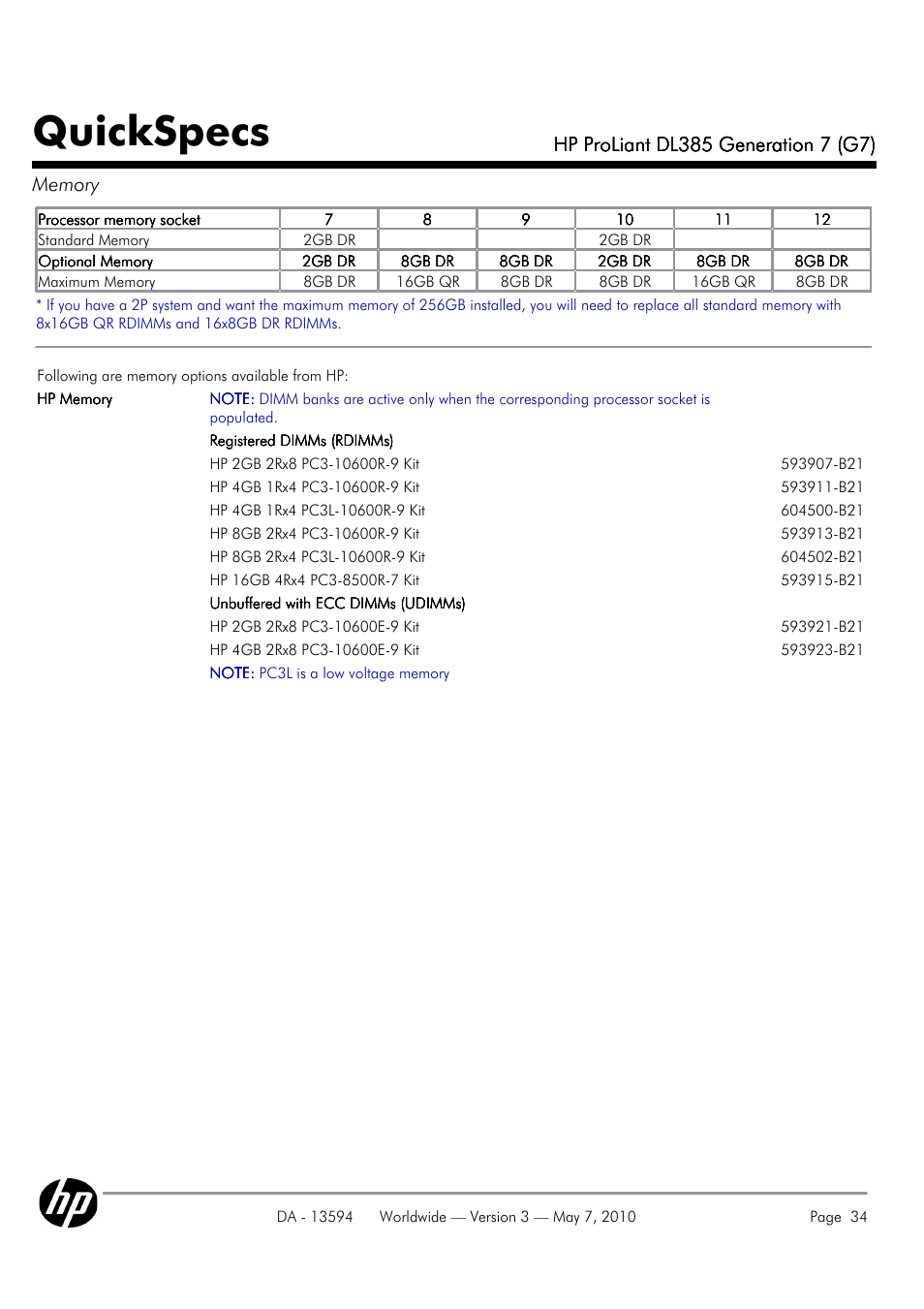 Quickspecs | HP ProLiant DL385 User Manual | Page 34 / 47