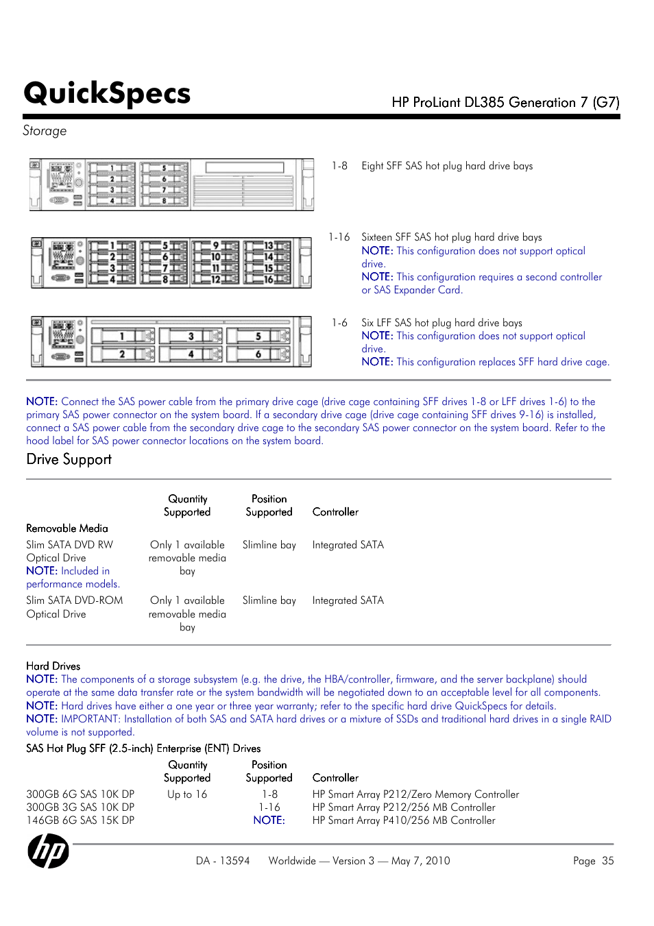 Quickspecs, Drive support | HP ProLiant DL385 User Manual | Page 35 / 47