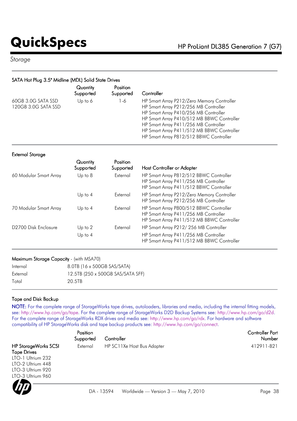 Quickspecs | HP ProLiant DL385 User Manual | Page 38 / 47