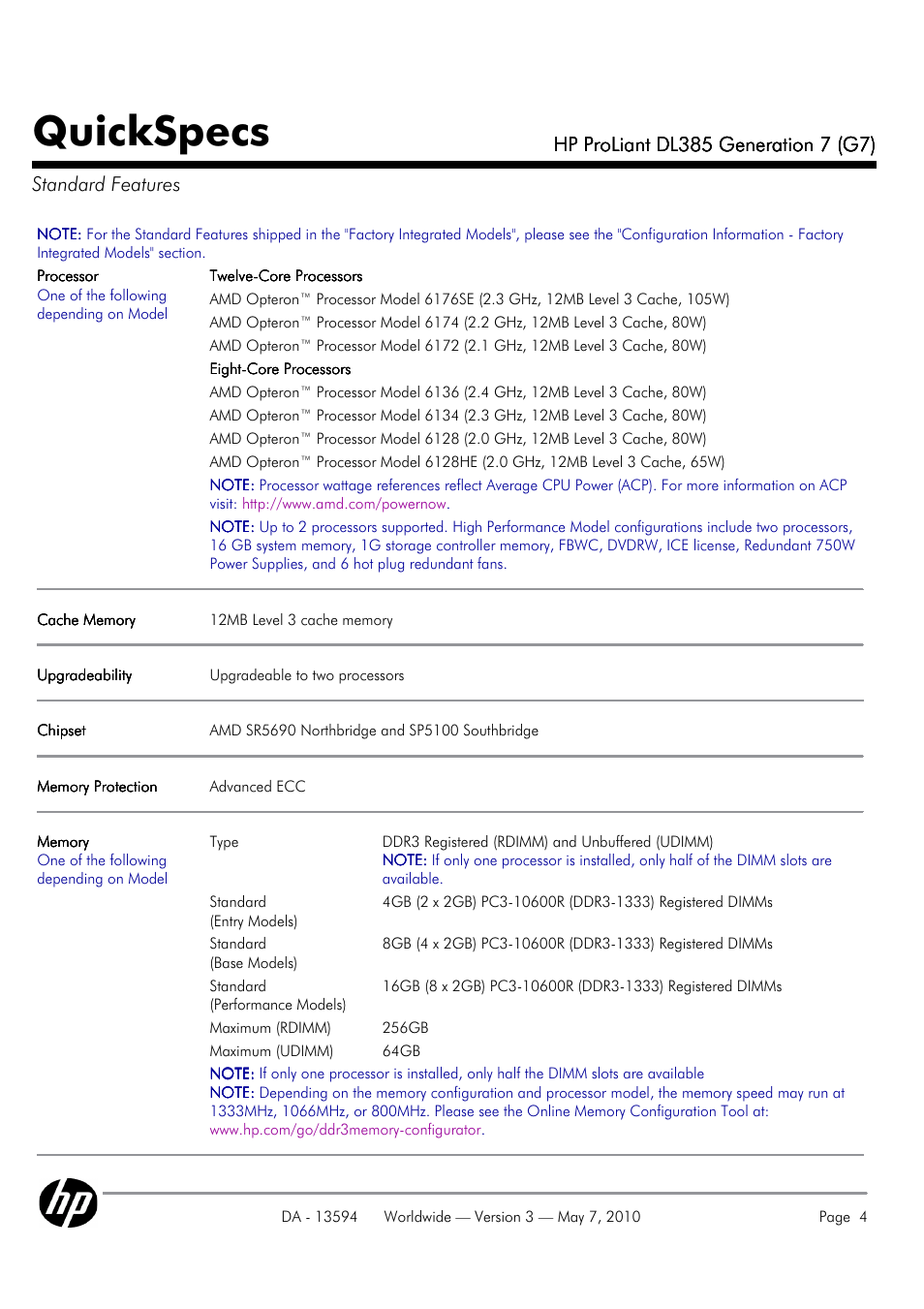 Quickspecs | HP ProLiant DL385 User Manual | Page 4 / 47
