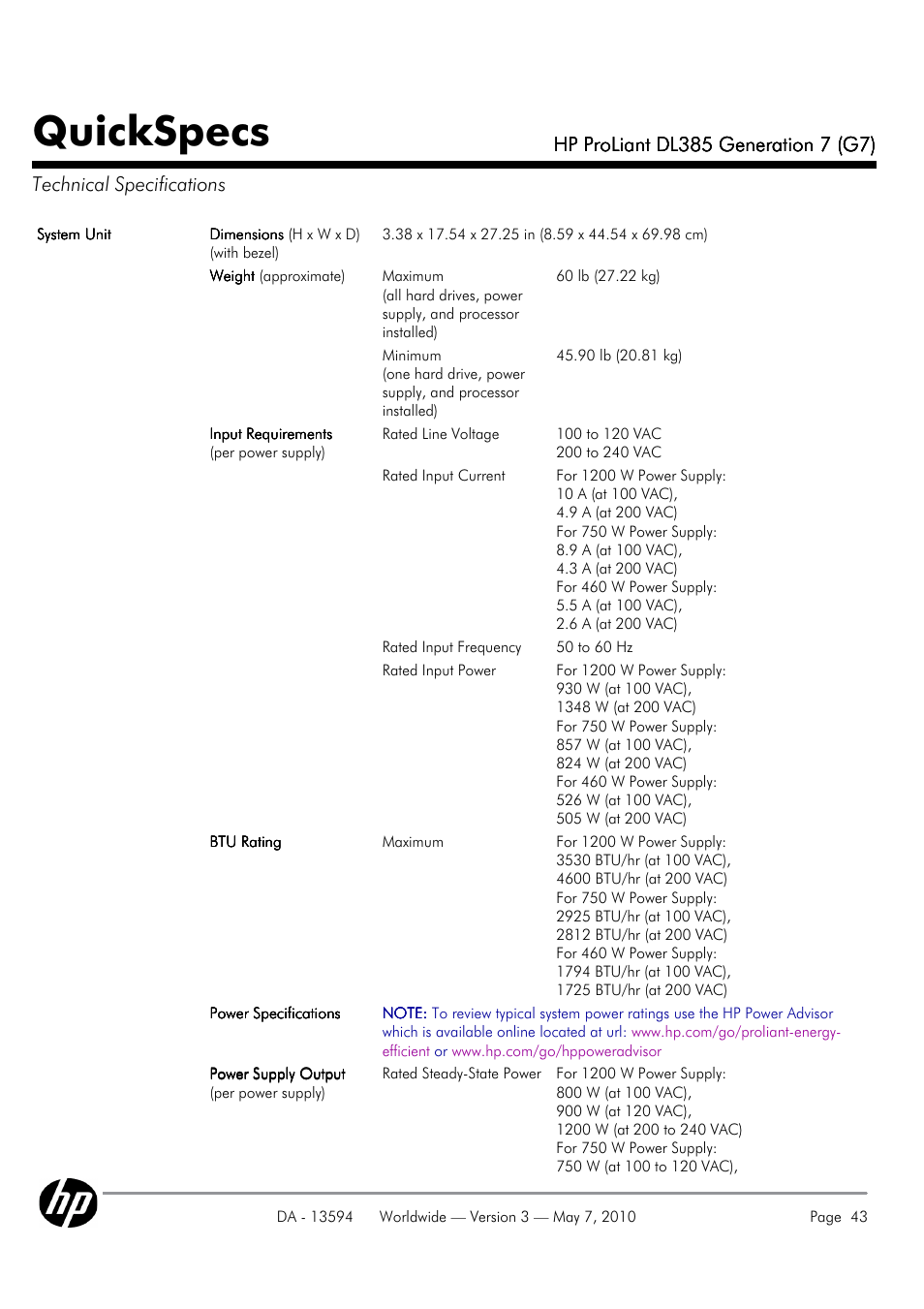 Quickspecs | HP ProLiant DL385 User Manual | Page 43 / 47