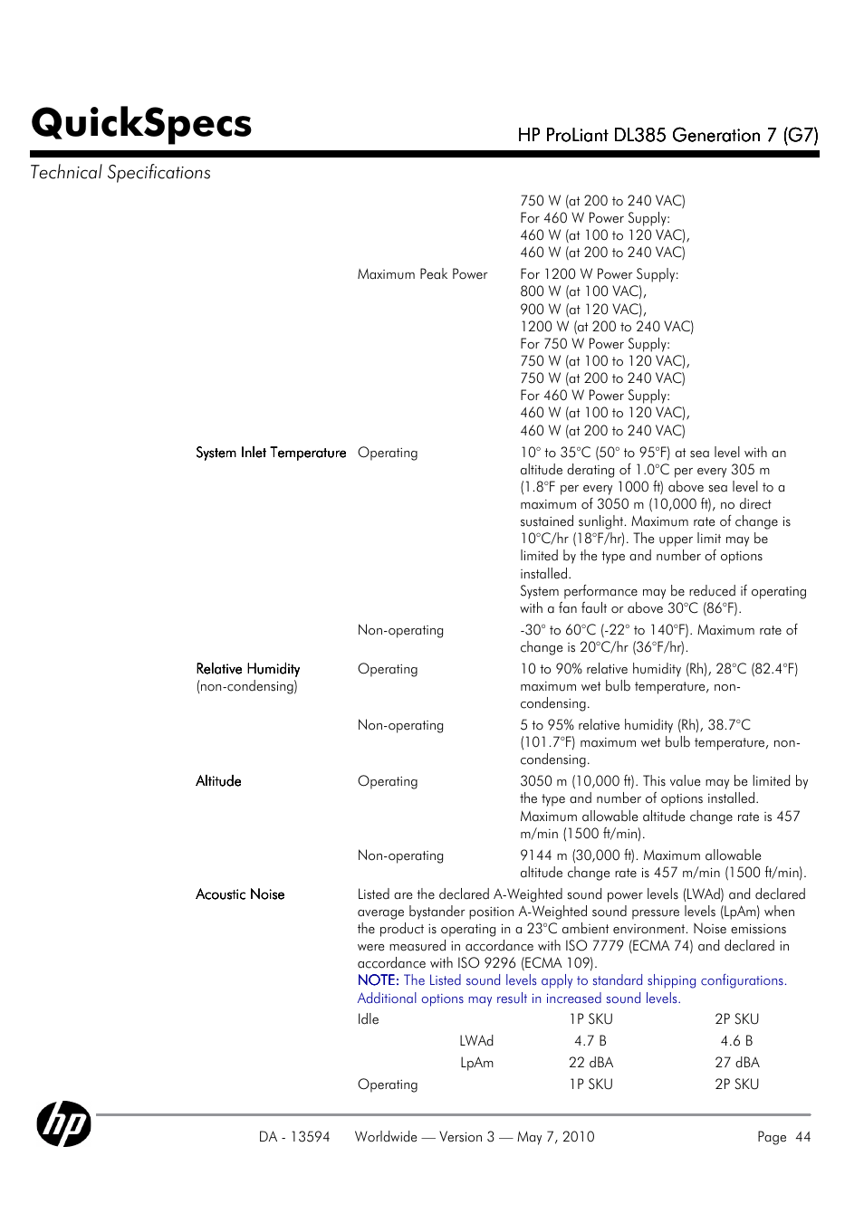 Quickspecs | HP ProLiant DL385 User Manual | Page 44 / 47