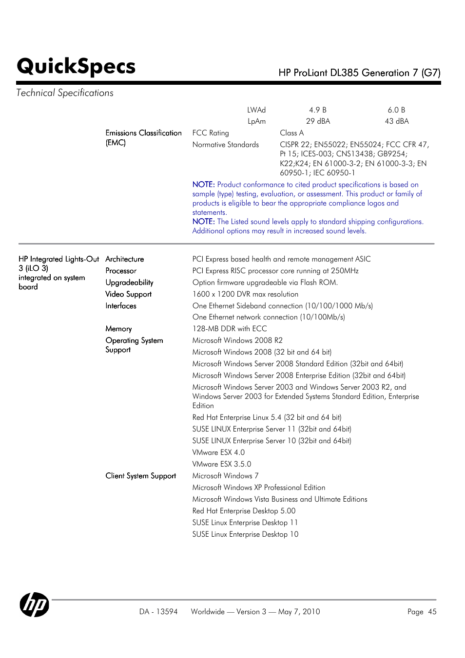 Quickspecs | HP ProLiant DL385 User Manual | Page 45 / 47