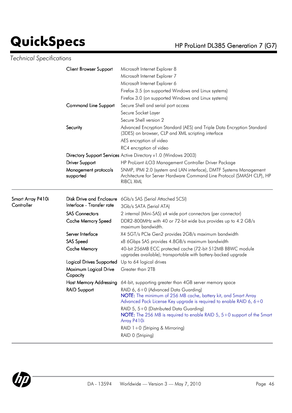 Quickspecs | HP ProLiant DL385 User Manual | Page 46 / 47