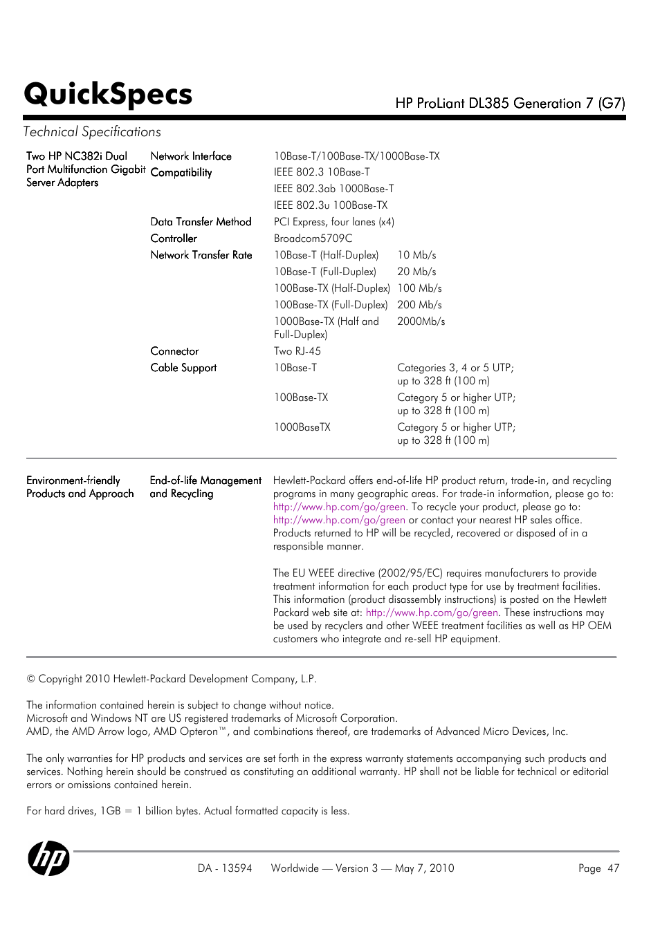 Quickspecs | HP ProLiant DL385 User Manual | Page 47 / 47