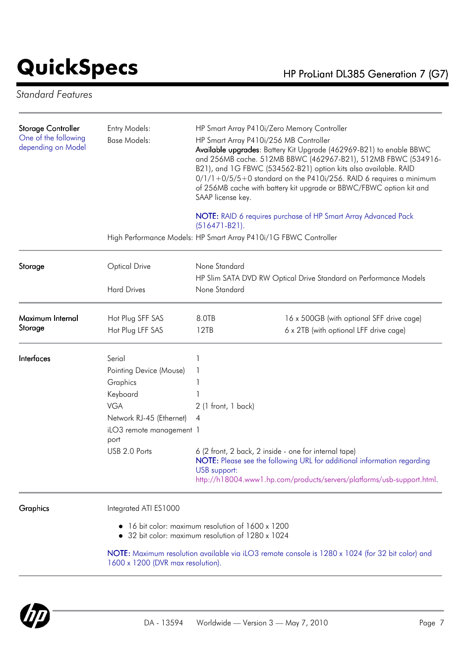 Quickspecs | HP ProLiant DL385 User Manual | Page 7 / 47