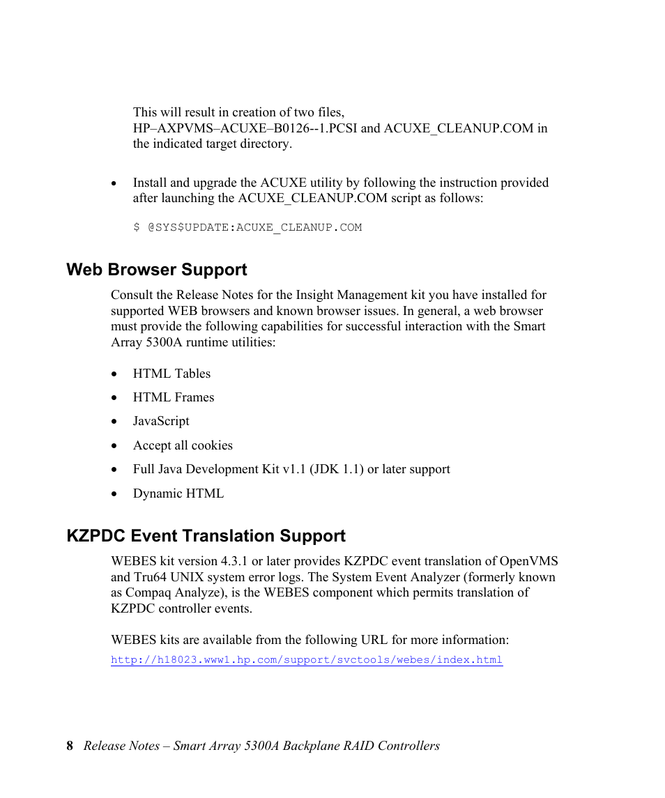 Web browser support, Kzpdc event translation support | HP 5300A User Manual | Page 12 / 19