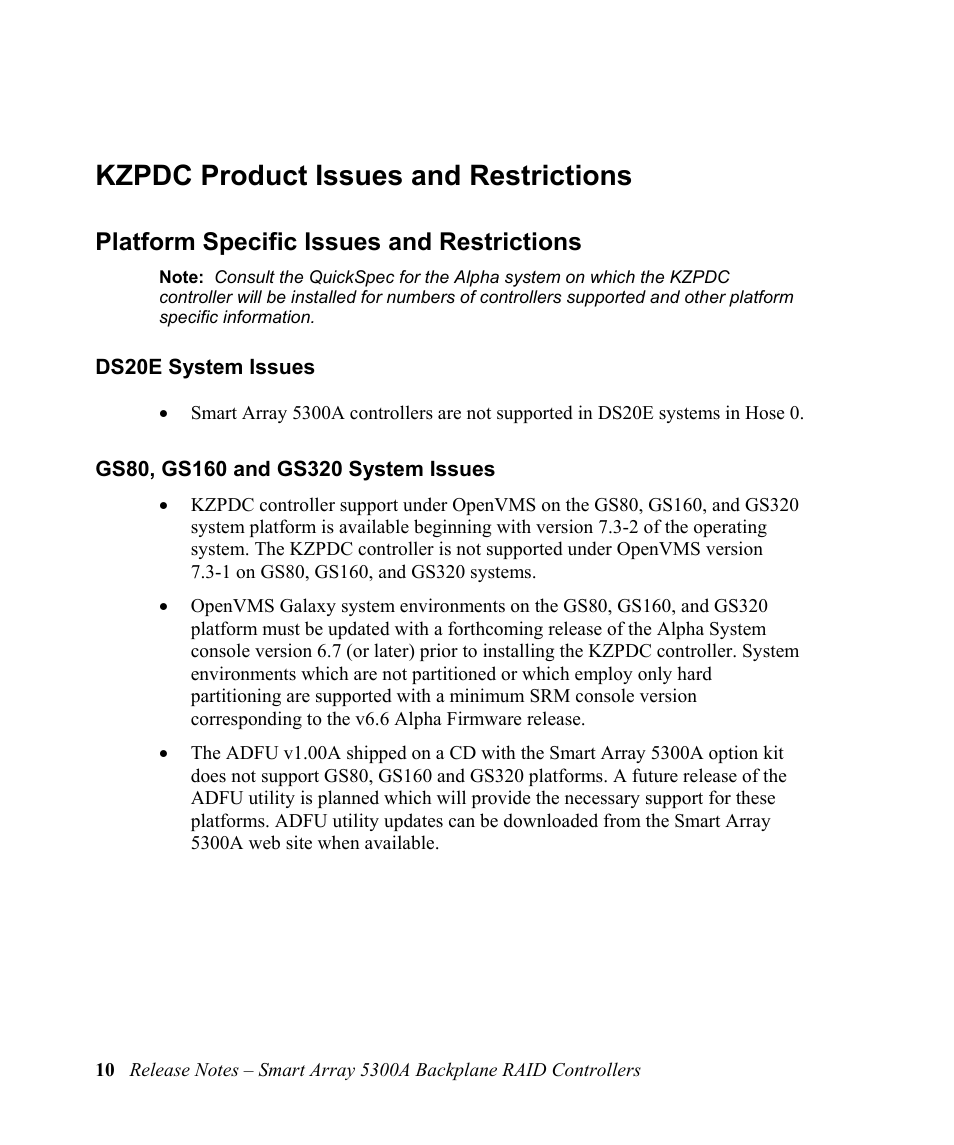 Kzpdc product issues and restrictions, Platform specific issues and restrictions, Ds20e system issues | Gs80, gs160 and gs320 system issues, Kzpdc product issues and restrictions 10, Platform specific issues and restrictions 10, Ds20e system issues 10, Gs80, gs160 and gs320 system issues 10 | HP 5300A User Manual | Page 14 / 19