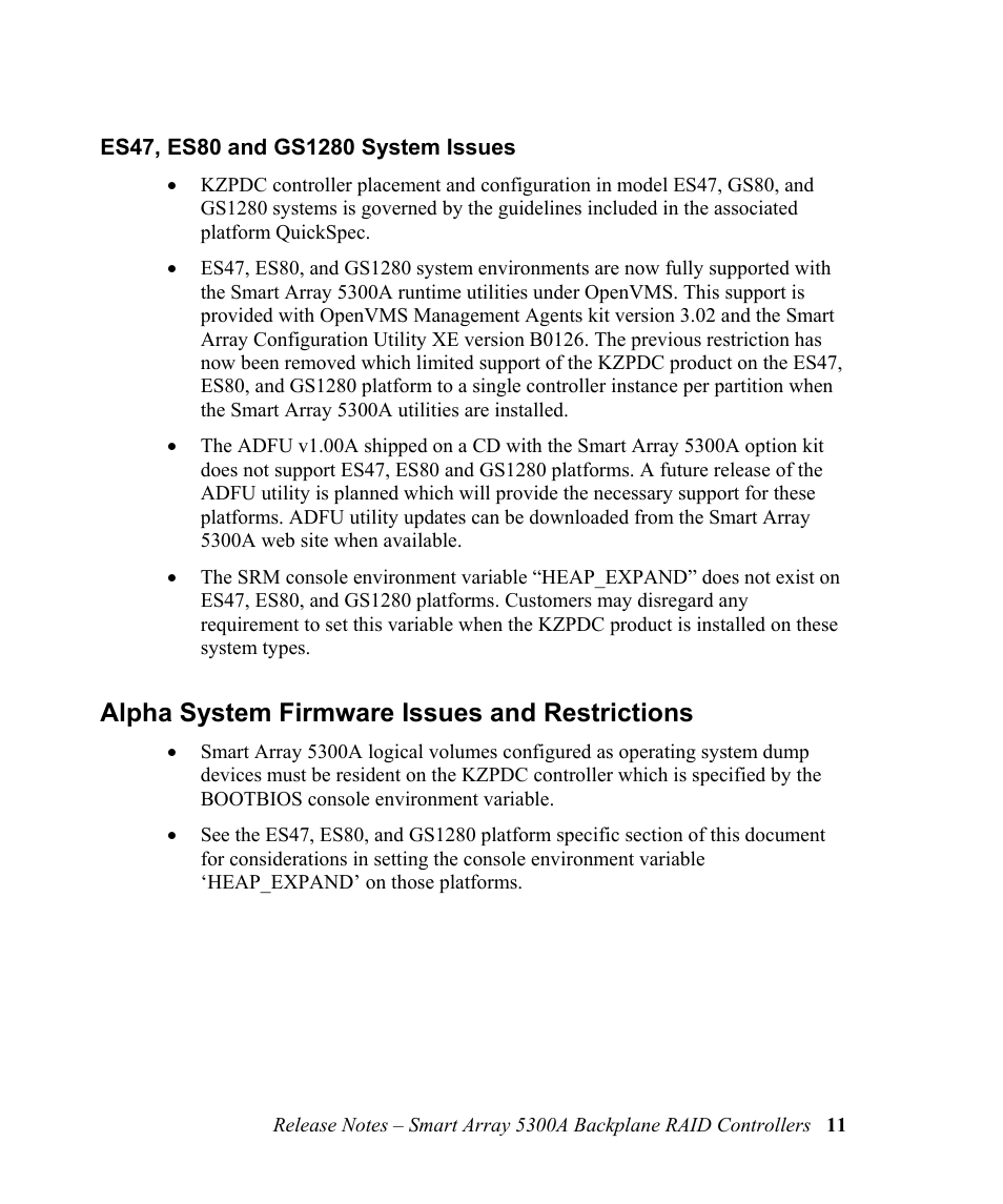 Es47, es80 and gs1280 system issues, Alpha system firmware issues and restrictions, Es47, es80 and gs1280 system issues 11 | Alpha system firmware issues and restrictions 11 | HP 5300A User Manual | Page 15 / 19