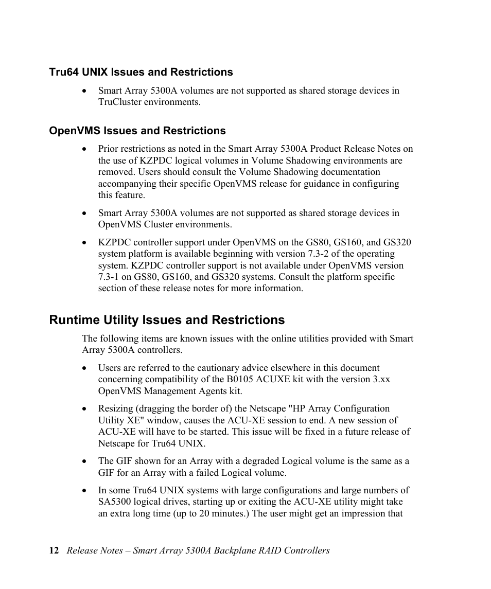 Tru64 unix issues and restrictions, Openvms issues and restrictions, Runtime utility issues and restrictions | Tru64 unix issues and restrictions 12, Openvms issues and restrictions 12, Runtime utility issues and restrictions 12 | HP 5300A User Manual | Page 16 / 19