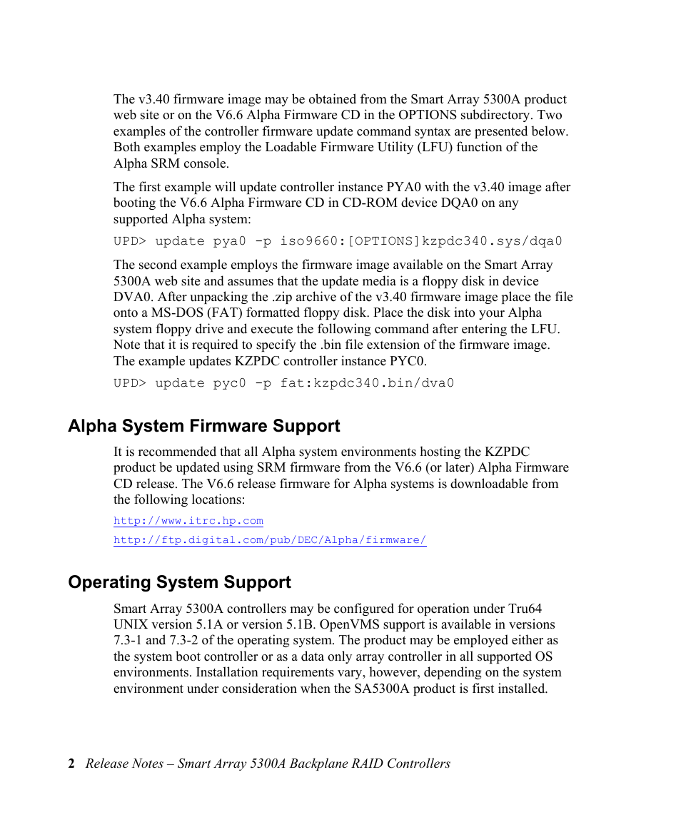 Alpha system firmware support, Operating system support | HP 5300A User Manual | Page 6 / 19