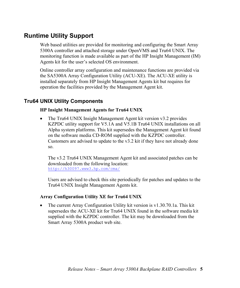 Runtime utility support, Tru64 unix utility components | HP 5300A User Manual | Page 9 / 19