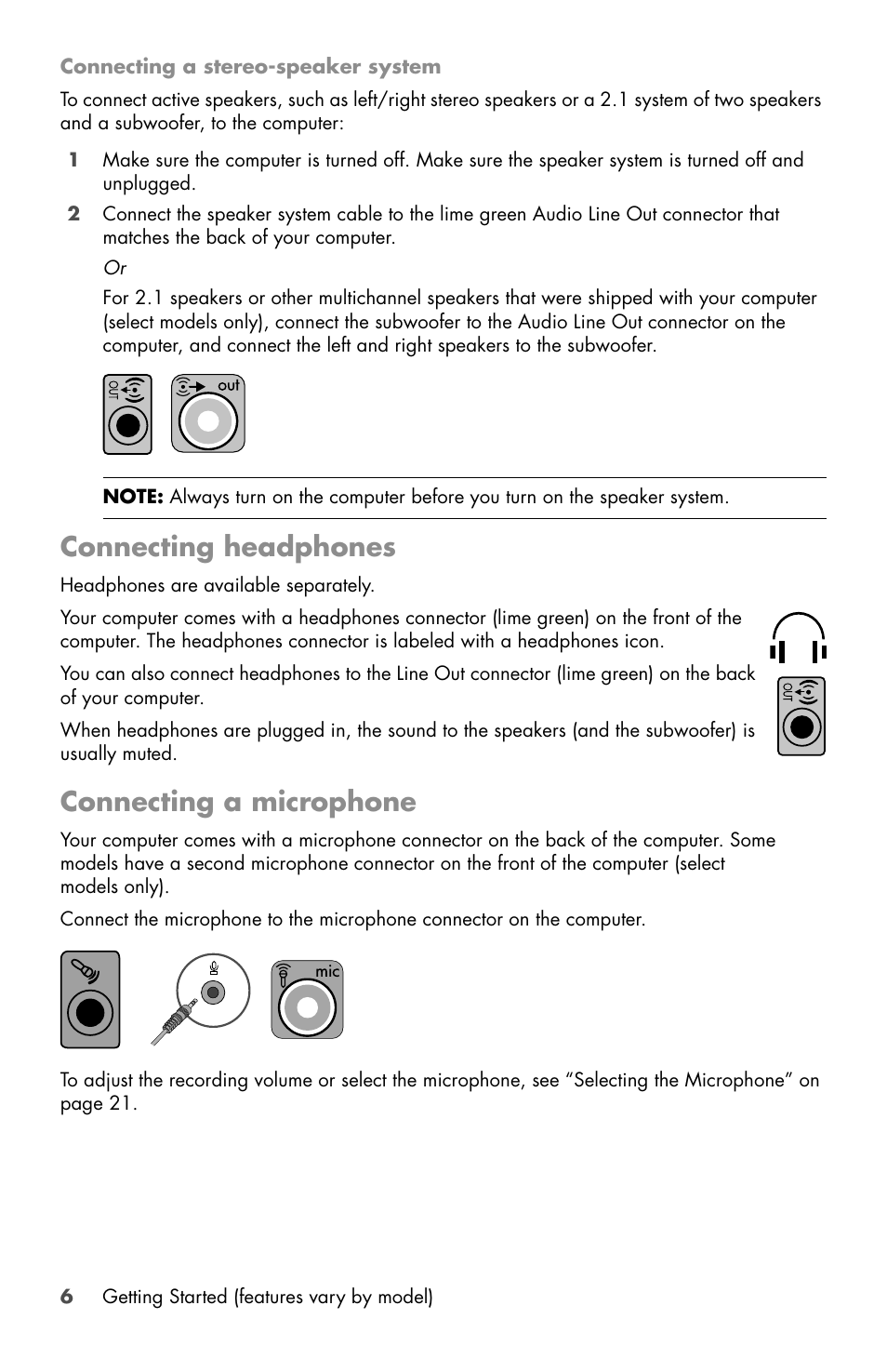 Connecting headphones, Connecting a microphone | HP Desktop Computer User Manual | Page 10 / 76