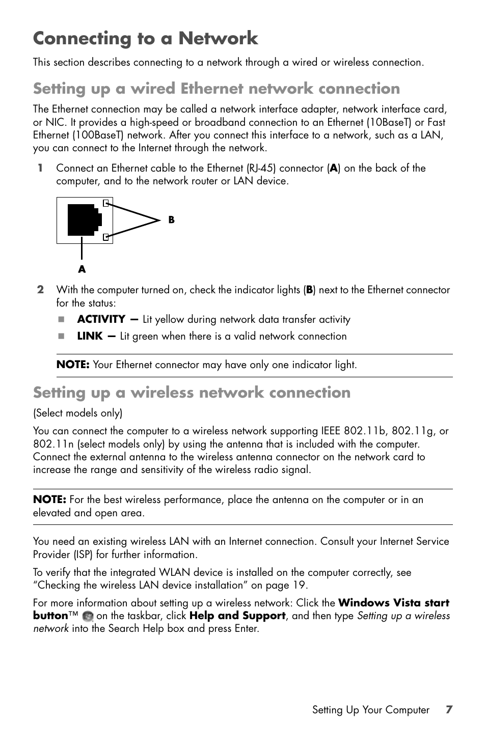 Connecting to a network, Setting up a wired ethernet network connection, Setting up a wireless network connection | HP Desktop Computer User Manual | Page 11 / 76