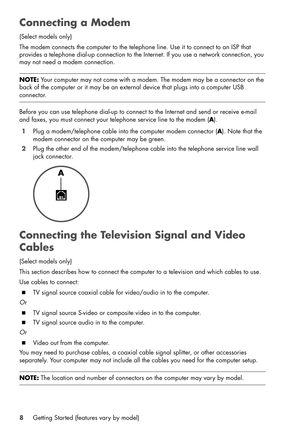 Connecting a modem, Connecting the television signal and video cables | HP Desktop Computer User Manual | Page 12 / 76