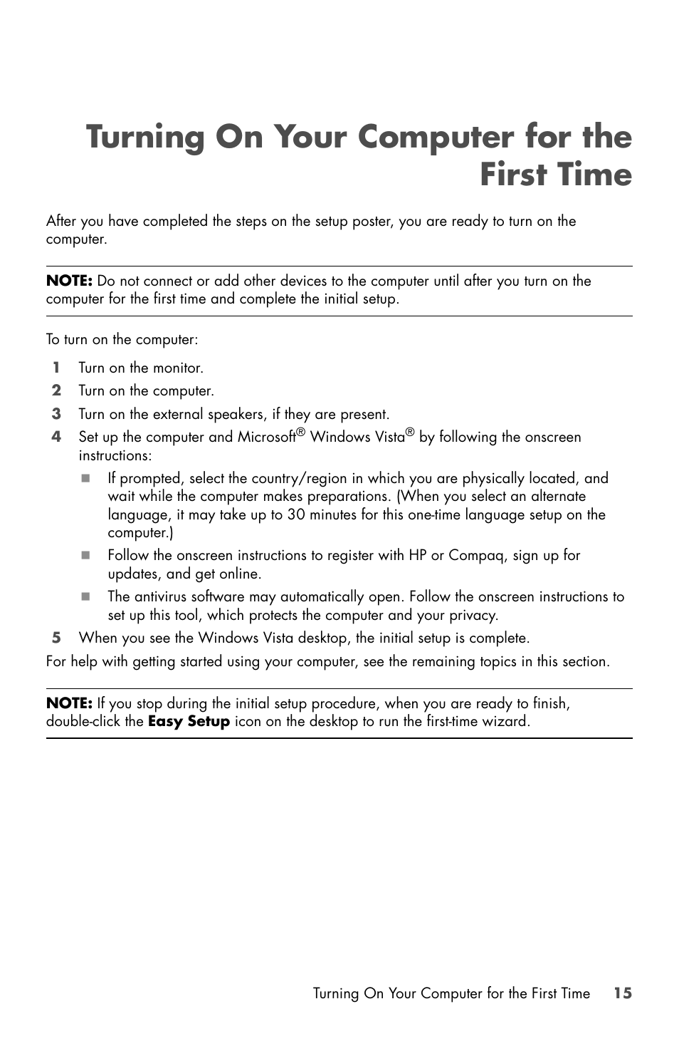 Turning on your computer for the first time | HP Desktop Computer User Manual | Page 19 / 76